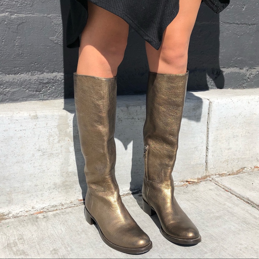 Prada 6 Gold Bronze Leather Knee High Boots Shoes